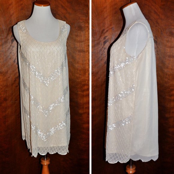 Vintage Cream Beaded Sequin Gatsby Flapper Party Cocktail Dress Size L - Picture 1 of 7